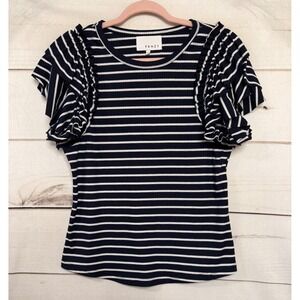FRNZY Womens Knit Striped Ruffle Sleeve Top Size L Navy White Ribbed Tee
